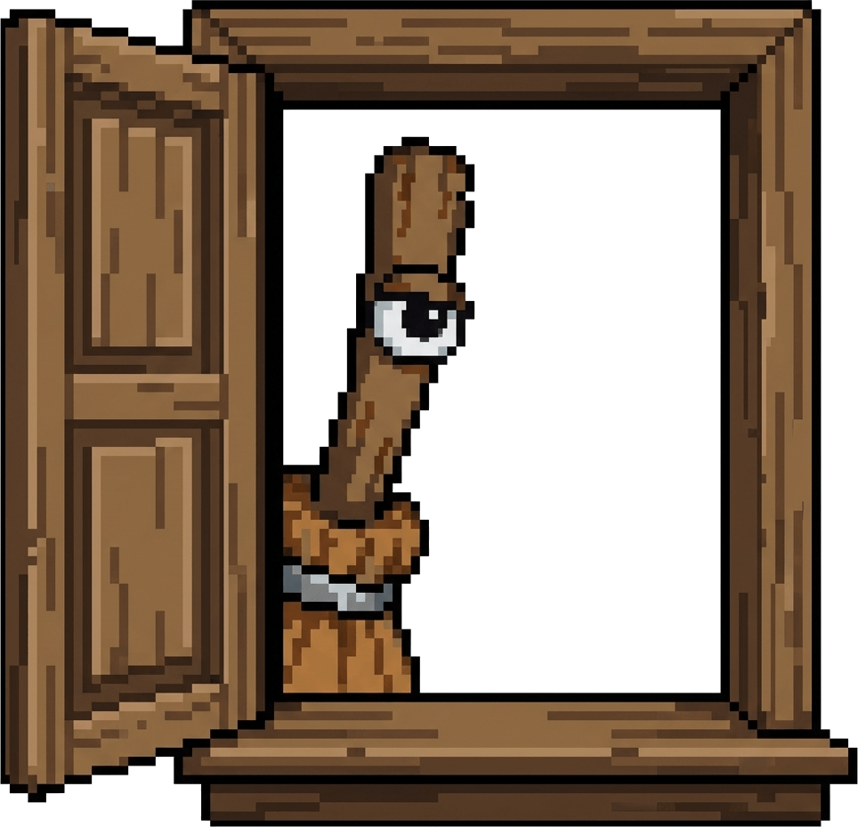 Broomed Mascot Peeking Outside through Window